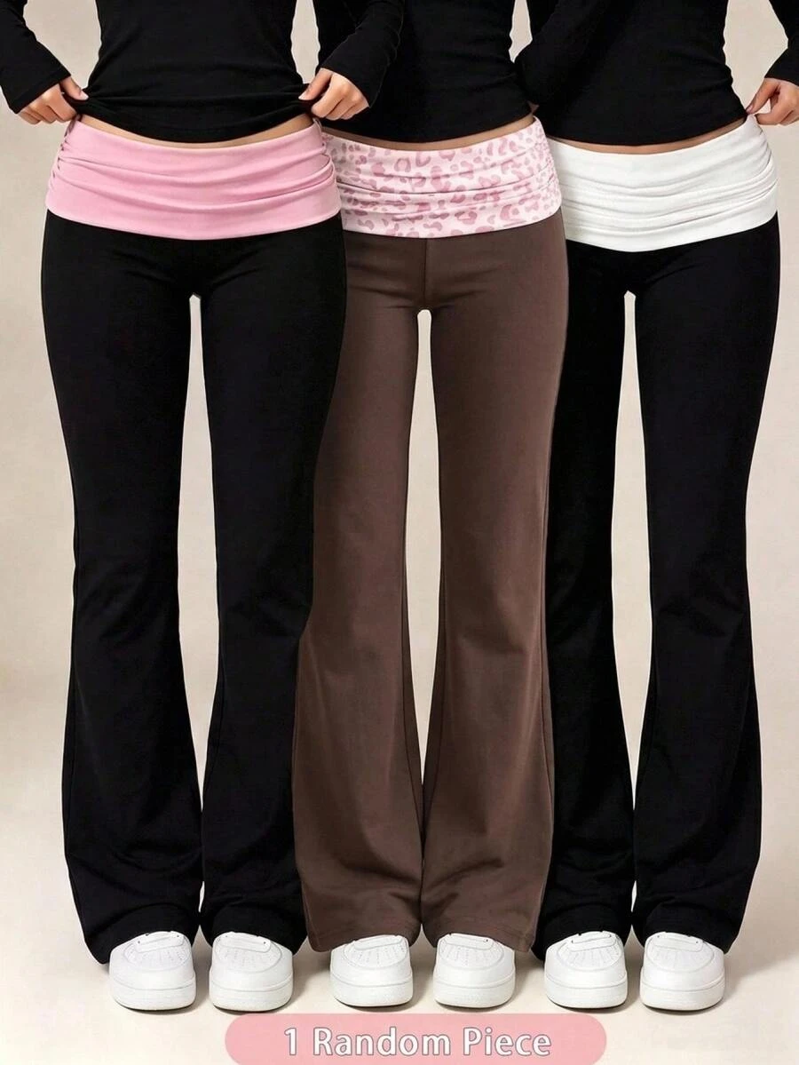 SHEIN Kids Tween Girls Brown Polka Dot Knitted Slim Fit Ruched Waist Bow Decor Long Pants - Multicolor - View 1