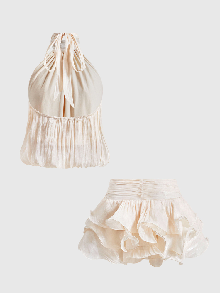 ROMWE Romantic Minimalist Sexy Halter Neck Top & Multi-Layer Ruffle Skirt Women 2 Pieces Set - Apricot - View 2
