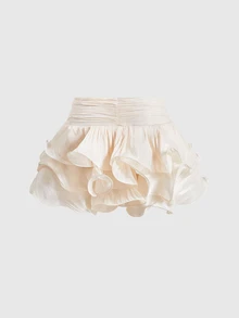 ROMWE 浪漫極簡性感掛脖上衣與多層荷葉邊裙女款兩件套 - 杏色 - 查看 8