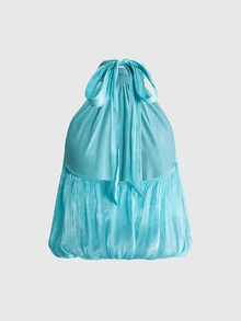 ROMWE Romantic Minimalist Sexy Halter Top & Multi-Layer Ruffle Skirt 2 Pieces Set For Women - Baby Blue - View 8