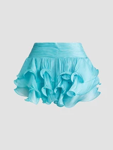 ROMWE Romantic Minimalist Sexy Halter Top & Multi-Layer Ruffle Skirt 2 Pieces Set For Women - Baby Blue - View 6