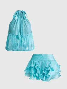 ROMWE Romantic Minimalist Sexy Halter Top & Multi-Layer Ruffle Skirt 2 Pieces Set For Women - Baby Blue - View 2