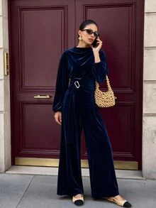 Flora Isola Flora Isola Women's Autumn/Winter Velvet 2 Pieces Set, Metal Decor Belt And Wide Leg Pants With Pockets, Suitable For Daily, Commute, Date, Party - Navy Blue - View 3