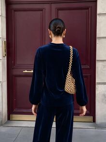 Flora Isola Flora Isola Women's Autumn/Winter Velvet 2 Pieces Set, Metal Decor Belt And Wide Leg Pants With Pockets, Suitable For Daily, Commute, Date, Party - Navy Blue - View 2