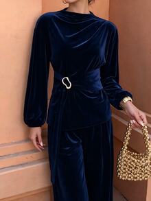 Flora Isola Flora Isola Women's Autumn/Winter Velvet 2 Pieces Set, Metal Decor Belt And Wide Leg Pants With Pockets, Suitable For Daily, Commute, Date, Party - Navy Blue - View 5
