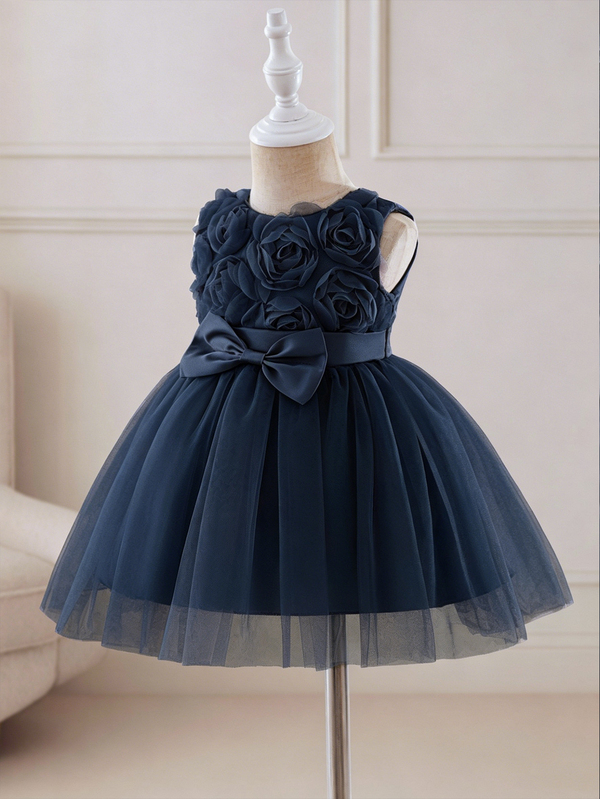 SHEIN Glamorique Kids Baby Girls' Elegant Cute Floral 3D Flower Sleeveless Bow Tulle Puff Dress, Party Outfit Autumn Fall