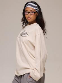 MUSERA 白色圖案 Logo 細節長袖上衣 冬季休閒日常舒適穿搭酷感女款上衣 - 白色 - 查看 3