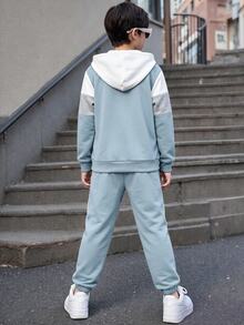 SHEIN 兒童青少年男孩服飾，男孩連帽衫，男孩運動長褲，拼色連帽衫與運動長褲2件套，高CP值，適合通勤、上學、日常休閒、大學、旅行、運動 - 霧霾藍 - 查看 3