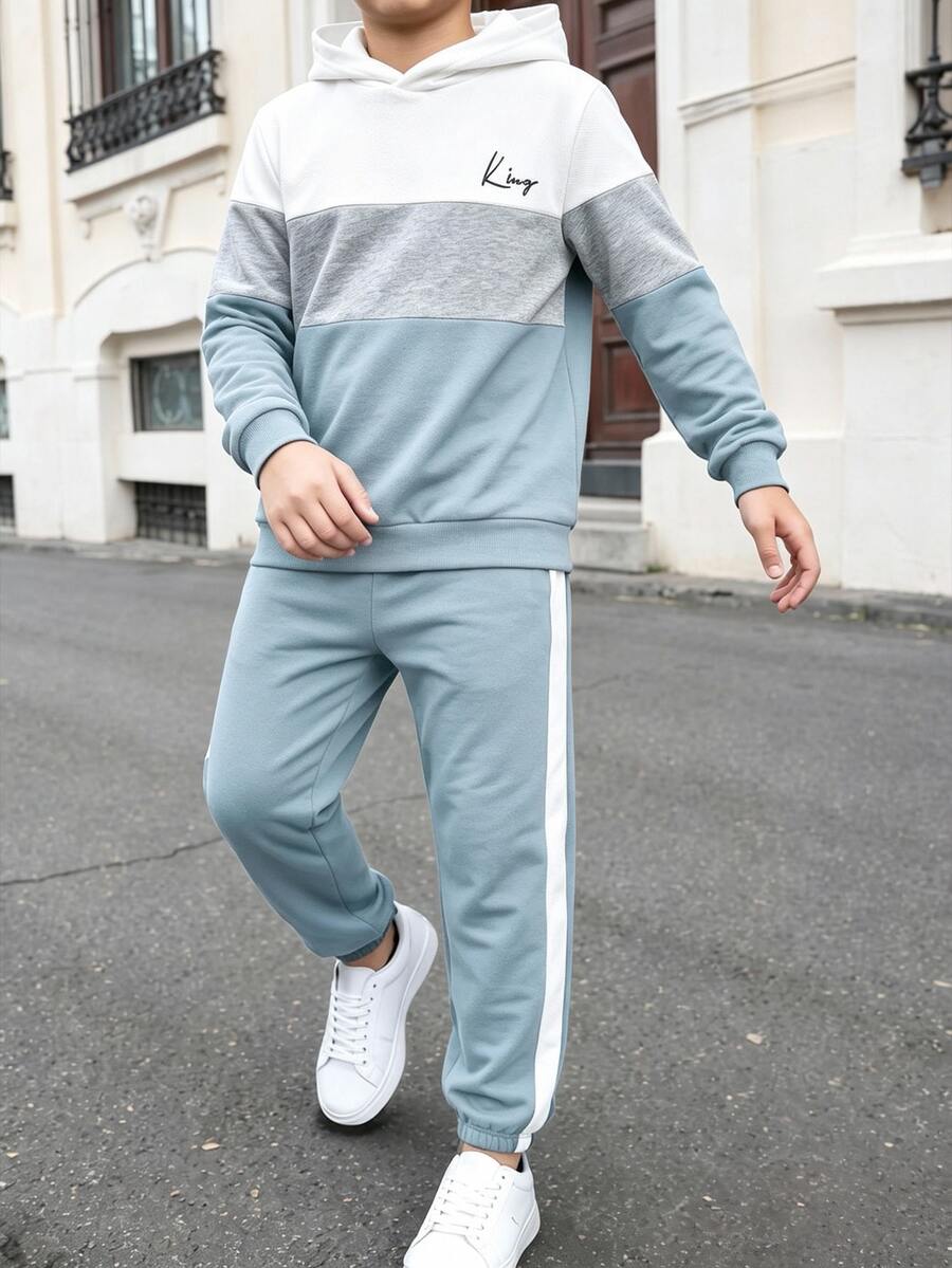 SHEIN 兒童青少年男孩服飾,男孩連帽衫,男孩運動長褲,拼色連帽衫與運動長褲2件套,高CP值,適合通勤、上學、日常休閒、大學、旅行、運動 - 霧霾藍 - 查看 1