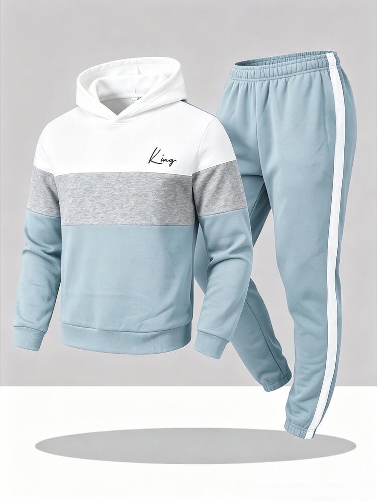 SHEIN Kids Tween Boy Clothing, Boys Hoodie, Boys Sweatpants, Colorblock Hoodie And Sweatpants 2 Pieces Set, High Value, Suitable For Commuting, School, Daily Casual, College, Travel, Sports - Dusty Blue - View 4
