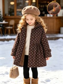 SHEIN Elladie kids Young Girl Winter Coat, Coffee Brown Polka Dot Thermal Lined Hooded Double-Breasted Fashion Jacket, Suitable For Daily Casual Elegant Wear School - Brown - View 4