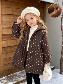 SHEIN Elladie kids Young Girl Winter Coat, Coffee Brown Polka Dot Thermal Lined Hooded Double-Breasted Fashion Jacket, Suitable For Daily Casual Elegant Wear School - Brown - View 3