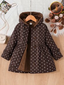 SHEIN Elladie kids Young Girl Winter Coat, Coffee Brown Polka Dot Thermal Lined Hooded Double-Breasted Fashion Jacket, Suitable For Daily Casual Elegant Wear School - Brown - View 12