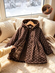 SHEIN Elladie kids Young Girl Winter Coat, Coffee Brown Polka Dot Thermal Lined Hooded Double-Breasted Fashion Jacket, Suitable For Daily Casual Elegant Wear School - Brown - View 14