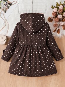 SHEIN Elladie kids Young Girl Winter Coat, Coffee Brown Polka Dot Thermal Lined Hooded Double-Breasted Fashion Jacket, Suitable For Daily Casual Elegant Wear School - Brown - View 2