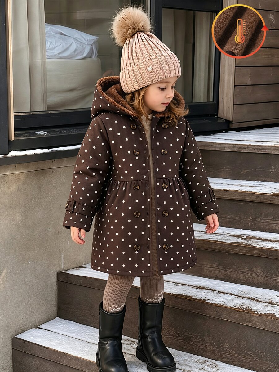 SHEIN Elladie kids Young Girl Winter Coat, Coffee Brown Polka Dot Thermal Lined Hooded Double-Breasted Fashion Jacket, Suitable For Daily Casual Elegant Wear School - Brown - View 1