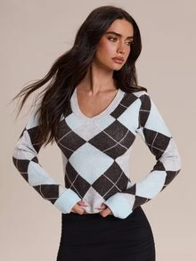 Glamine Sweater Lengan Panjang Kasual Wanita Model V-Neck Motif Berlian - MultiWarna - View 8