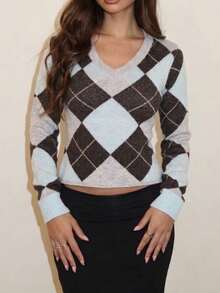 Glamine Sweater Lengan Panjang Kasual Wanita Model V-Neck Motif Berlian - MultiWarna - View 7