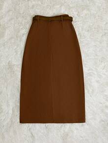 Franclia Khaki Corduroy Pocket Slit Skirt With Belt - Mocha Brown - View 2