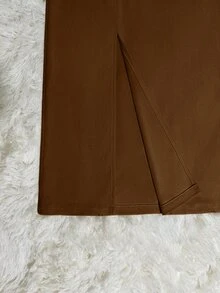 Franclia Khaki Corduroy Pocket Slit Skirt With Belt - Mocha Brown - View 3