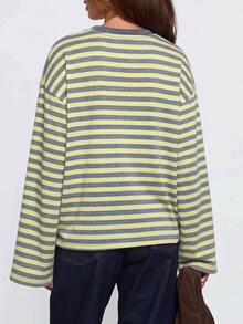 SHEIN 青少年女孩秋季黃色條紋長袖上衣 T-shirt，返校時尚穿搭 - 彩色 - 查看 2