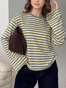 SHEIN 青少年女孩秋季黃色條紋長袖上衣 T-shirt，返校時尚穿搭 - 彩色 - 查看 1