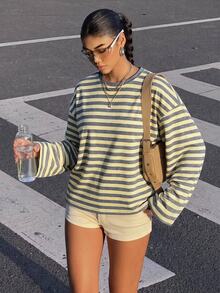 SHEIN 青少年女孩秋季黃色條紋長袖上衣 T-shirt，返校時尚穿搭 - 彩色 - 查看 5