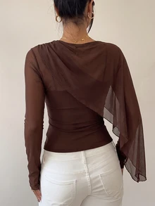 Glamine 女款優雅純色不對稱上衣，秋季晚餐外出穿搭，棕色 - 棕色 - 查看 3