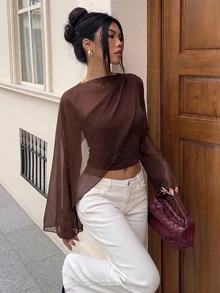 Glamine 女款優雅純色不對稱上衣，秋季晚餐外出穿搭，棕色 - 棕色 - 查看 6