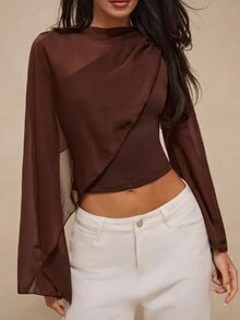 Glamine 女款優雅純色不對稱上衣，秋季晚餐外出穿搭，棕色 - 棕色 - 查看 5