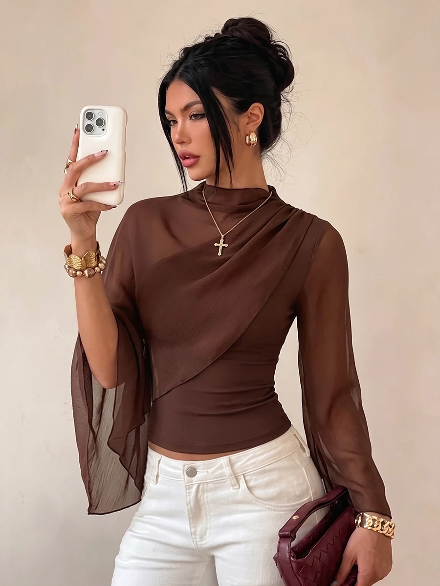 Glamine 女款優雅純色不對稱上衣，秋季晚餐外出穿搭，棕色