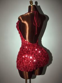 Mistrie Fashion Party Sequin Backless Halter Mini Dress - Red - View 3