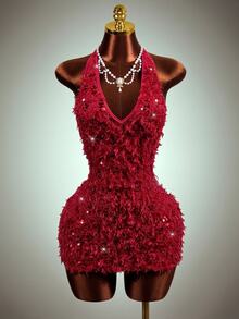 Mistrie Fashion Party Sequin Backless Halter Mini Dress - Red - View 2