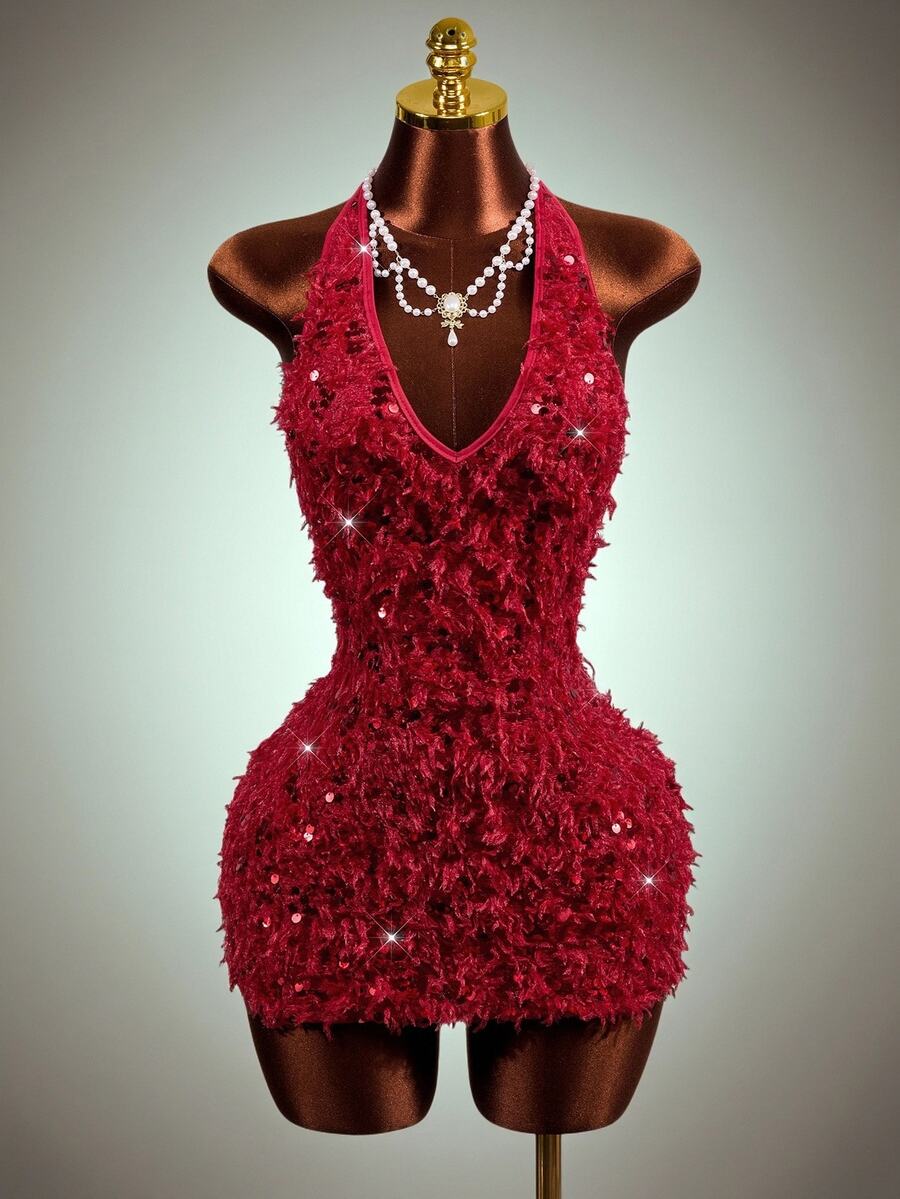 Mistrie Fashion Party Sequin Backless Halter Mini Dress