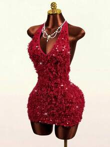 Mistrie Fashion Party Sequin Backless Halter Mini Dress - Red - View 5