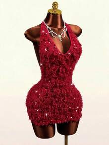 Mistrie Fashion Party Sequin Backless Halter Mini Dress - Red - View 4