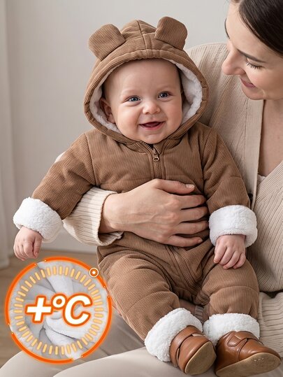 SHEIN Souflis Baby Boy Infant Toddler 0-3 Years Old Autumn/Winter Casual Daily Versatile Thermal Lined Thick Flannel Plush Teddy Bear Ear Hooded Jumpsuit Ski Winter Outdoor