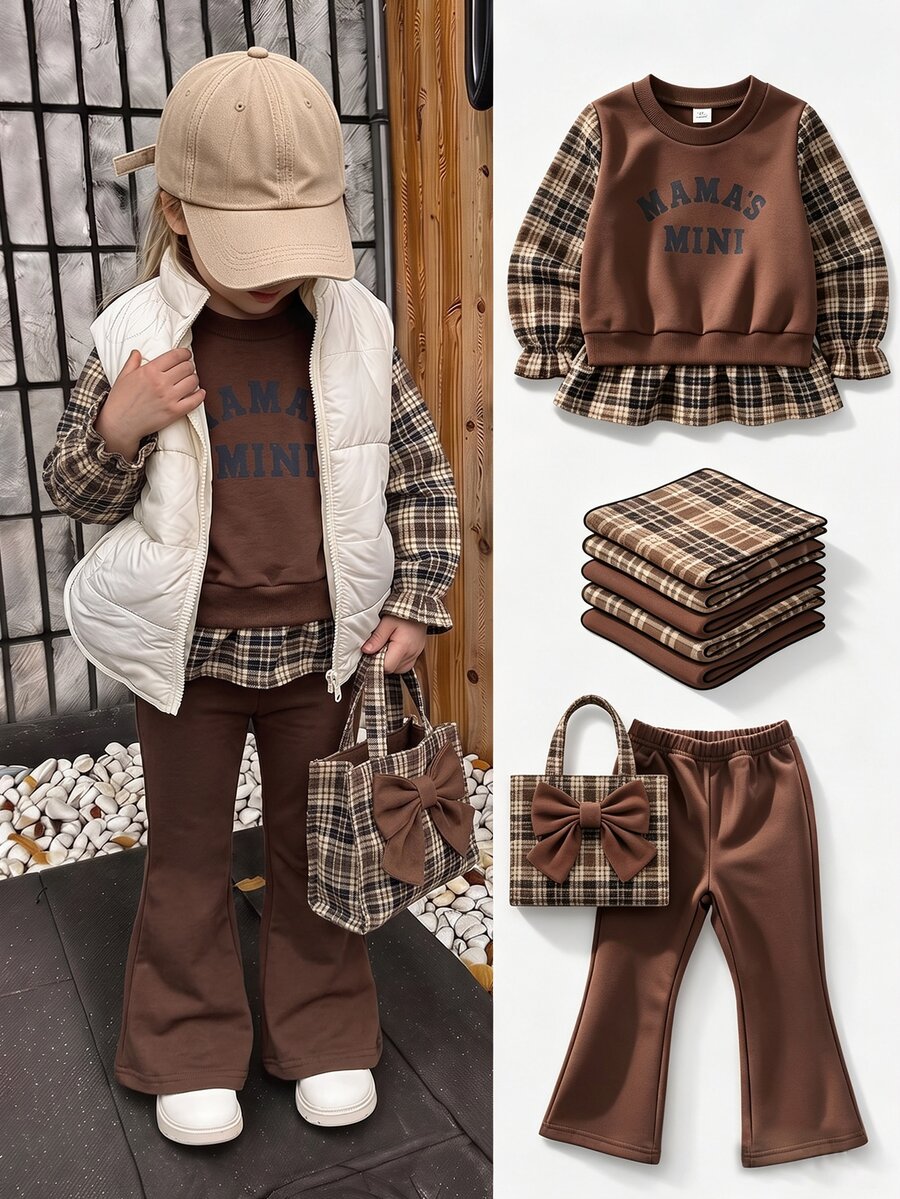 SHEIN 幼童女童棕色字母圖案上衣,附荷葉邊格紋下擺與舒適鬆緊腰喇叭運動長褲 2件套 - 棕色 - 查看 1
