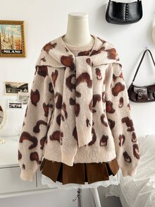 Soleia Autumn/Winter Casual Leopard Print Sweater & Shawl 2 Pieces Set - Multicolor - View 9