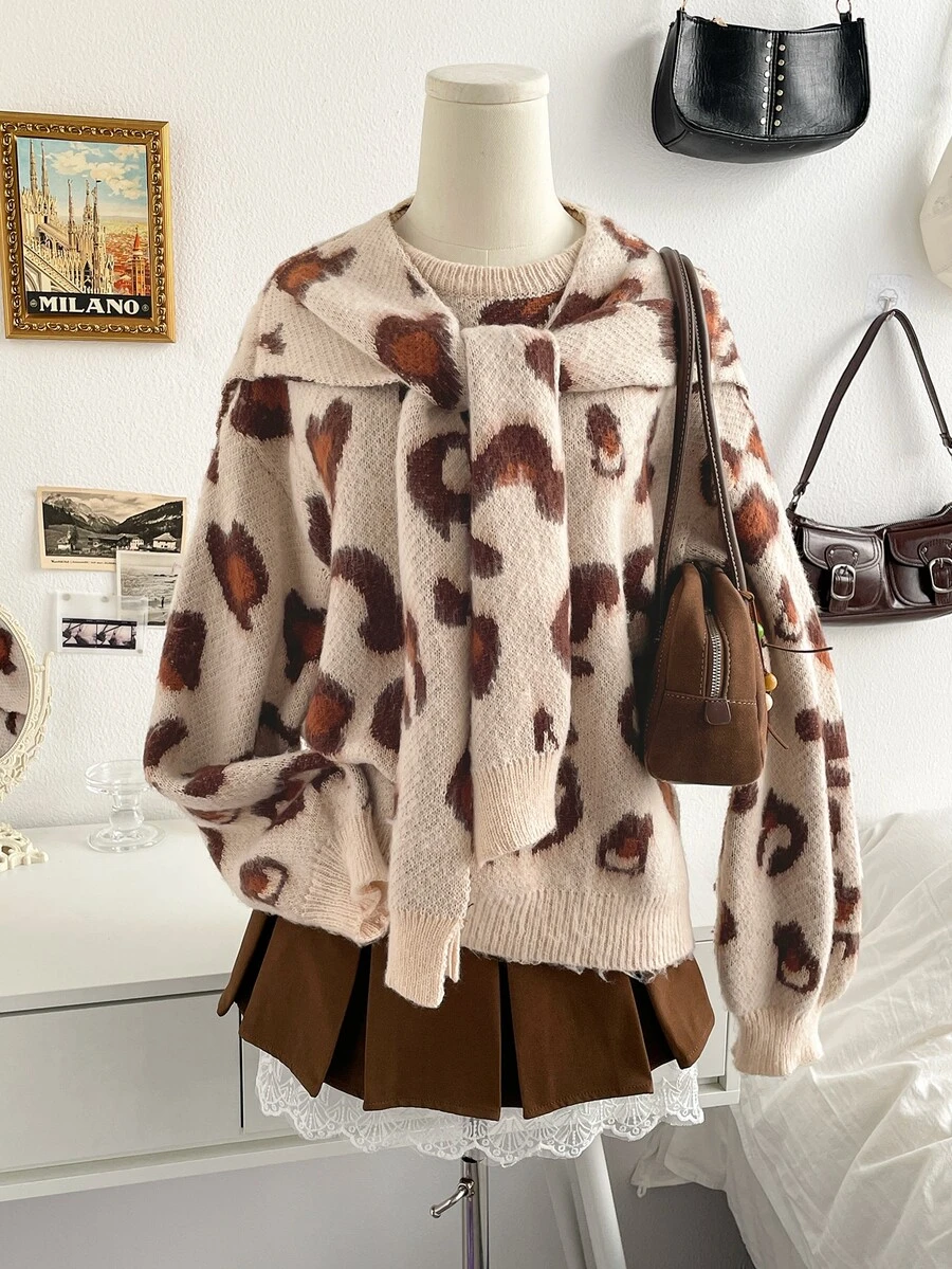 Soleia Autumn/Winter Casual Leopard Print Sweater & Shawl 2 Pieces Set - Multicolor - View 1