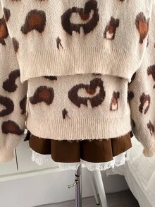 Soleia Autumn/Winter Casual Leopard Print Sweater & Shawl 2 Pieces Set - Multicolor - View 6