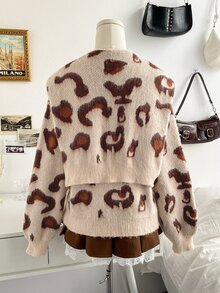 Soleia Autumn/Winter Casual Leopard Print Sweater & Shawl 2 Pieces Set - Multicolor - View 2