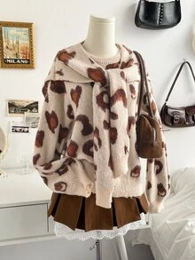 Soleia Autumn/Winter Casual Leopard Print Sweater & Shawl 2 Pieces Set - Multicolor - View 8