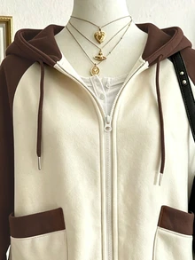 Lalippa Women's Autumn/Winter Slouchy Loose Thermal Lined Thick Retro Colorblock Raglan Sleeve Hooded Sweatshirt Jacket - Khaki - View 3