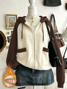 Lalippa Women's Autumn/Winter Slouchy Loose Thermal Lined Thick Retro Colorblock Raglan Sleeve Hooded Sweatshirt Jacket - Khaki - View 1
