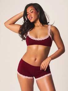 MISSGUIDED Lace Trim Boyshort Panties And Bra Set With Scalloped Edge Hem Soft Stretch Fabric Valentine's Day Lingerie - Burgundy - View 5