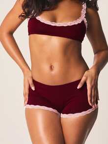 MISSGUIDED Lace Trim Boyshort Panties And Bra Set With Scalloped Edge Hem Soft Stretch Fabric Valentine's Day Lingerie - Burgundy - View 4