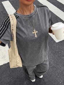 Muchica 女款黑白條紋酸洗對比條紋短袖T恤寬腿褲套裝，夏季街頭風度假節慶居家休閒 - 淺灰色 - 查看 5