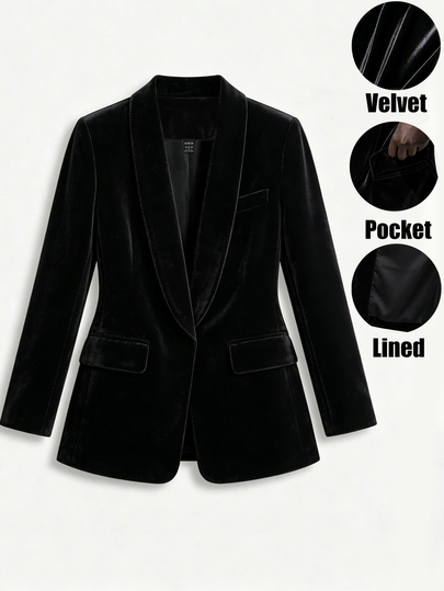 Lumivelle 2026 Autumn/Winter Women's Black Velvet Blazer Single Button Slim Fit Luxury Elegant Casual Suit Jacket, Suitable For Office Business And Party