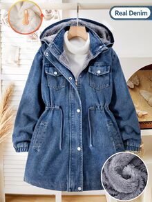 SHEIN 青少年女孩外套 抓絨 秋季服飾 藍色長袖 冬季拼色丹寧拉鍊夾克 連帽休閒返校校園外套 - 藍色 - 查看 4